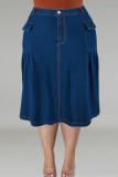 Deep Blue Casual Solid Color Pocket Buttons Patchwork Ruched Zipper Straight Plus Size Jeans