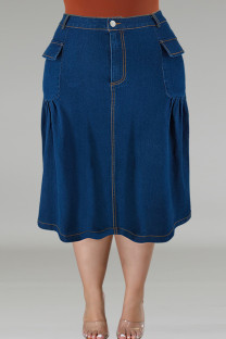 Deep Blue Casual Solid Color Pocket Buttons Patchwork Ruched Zipper Straight Plus Size Jeans