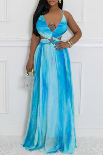 Blue Celebrities Gradient Color Hollow Out Patchwork Backless Spaghetti Strap Long Dresses