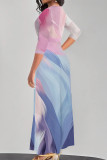 Pink Casual Street Gradient Print Lace Up Contrast V Neck Printed Dresses