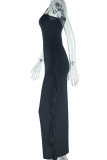 Purple Celebrities Solid Color Hollow Out Patchwork Backless Ruffled Trim Oblique Collar Long Dresses