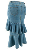 Peacock Blue Celebrities Solid Color Buttons Patchwork Zipper Ruffled Trim Wrapped Skirt Plus Size Jeans