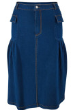 Deep Blue Casual Solid Color Pocket Buttons Patchwork Ruched Zipper Straight Plus Size Jeans
