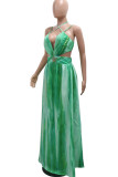 Red Celebrities Gradient Color Hollow Out Patchwork Backless Spaghetti Strap Long Dresses