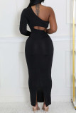 Black Sexy Solid Color Sequins Patchwork Backless Oblique Collar Long Dresses