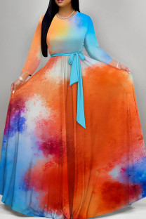 Blue Orange Celebrities Tie Dye Patchwork Strap Design O Neck A Line Dresses