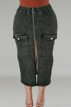 Black Casual Solid Color Pocket Patchwork Zipper Wrapped Skirt Plus Size Jeans