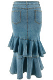 Peacock Blue Celebrities Solid Color Buttons Patchwork Zipper Ruffled Trim Wrapped Skirt Plus Size Jeans