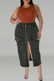 Black Casual Solid Color Pocket Patchwork Zipper Wrapped Skirt Plus Size Jeans