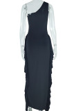 Purple Celebrities Solid Color Hollow Out Patchwork Backless Ruffled Trim Oblique Collar Long Dresses