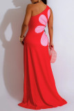 Red Celebrities Print Patchwork Backless Ruched Strap Design Oblique Collar Long Dresses