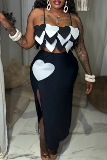 Black Celebrities Heart Shaped Patchwork Backless High Slit Spaghetti Strap Sleeveless Two Pieces