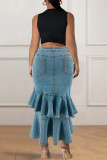 Peacock Blue Celebrities Solid Color Buttons Patchwork Zipper Ruffled Trim Wrapped Skirt Plus Size Jeans
