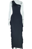 Purple Celebrities Solid Color Hollow Out Patchwork Backless Ruffled Trim Oblique Collar Long Dresses