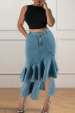 Peacock Blue Celebrities Solid Color Buttons Patchwork Zipper Ruffled Trim Wrapped Skirt Plus Size Jeans