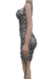 Gold Sexy Solid Color Hollow Out Patchwork Backless Cross Straps Ruched Spaghetti Strap Wrapped Skirt Dresses