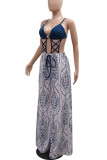 Blue Sexy Print Hollow Out Patchwork Backless Spaghetti Strap Loose Jumpsuits