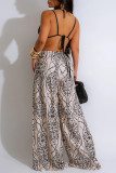 Blue Sexy Print Hollow Out Patchwork Backless Spaghetti Strap Loose Jumpsuits