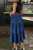 Deep Blue Casual Solid Color Patchwork A Line Plus Size Jeans