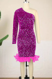 Rose Red Celebrities Sequins Patchwork Ruffled Trim Oblique Collar Wrapped Skirt Dresses