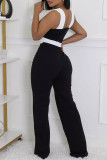 Black Casual Hollow Out Patchwork Backless V Neck Regular Jumpsuits