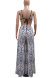 Blue Sexy Print Hollow Out Patchwork Backless Spaghetti Strap Loose Jumpsuits