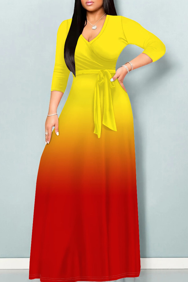 Yellow Red Casual Gradient Print Patchwork Strap Design V Neck Long Dresses