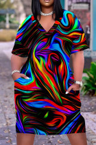 Multi-color Casual Street Rainbow Stripe Print Pocket Contrast V Neck Printed Plus Size Dresses