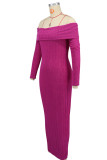 Rose Red Celebrities Solid Color Patchwork Backless Off Shoulder Long Dresses