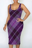 Purple Sexy Plaid Print Contrast U Neck Printed Dresses