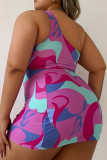 Multicolor Sportswear Print Hollow Out Patchwork Strap Design Oblique Collar Plus Size Two Pieces
