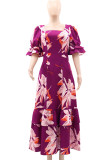 Rose Red Celebrities Print Pocket Patchwork Zipper Square Neck A Line Dresses