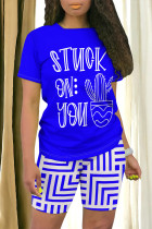 Blue Casual Daily Geometric Print Letter Print Contrast O Neck Short Sleeve Two Pieces