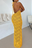 Yellow Sexy Solid Color Hollow Out Patchwork See-Through Slit O Neck Long Dresses