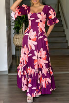 Rose Red Celebrities Print Pocket Patchwork Zipper Square Neck A Line Dresses
