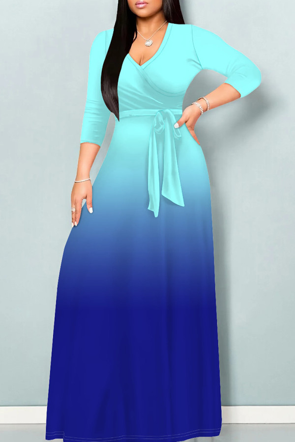 Cyanine Casual Gradient Print Patchwork Strap Design V Neck Long Dresses