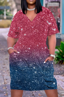 Red Blue Casual Daily Gradient Print Pocket Sequined V Neck Printed Plus Size Dresses