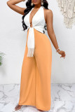 Orange White Celebrities Fringed Trim Hollow Out Patchwork Backless Deep V Neck Loose Jumpsuits