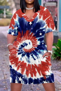 Red Blue Casual Street Tie Dye Print Pocket Contrast V Neck Printed Plus Size Dresses