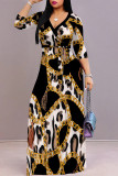 The cowboy blue Casual Street Leopard Print Zebra Print Chain print Lace Up Contrast V Neck Printed Dresses