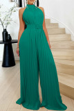Red Celebrities Solid Color Patchwork With Belt Pleated O Neck Loose Jumpsuits