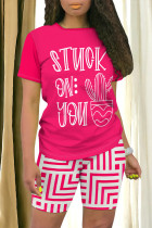 Rose Red Casual Daily Geometric Print Letter Print Contrast O Neck Short Sleeve Two Pieces