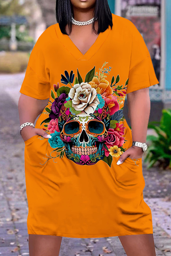 Orange Casual Street Skull Letter Print Pocket V Neck Printed Plus Size Dresses