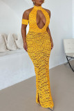 Yellow Sexy Solid Color Hollow Out Patchwork See-Through Slit O Neck Long Dresses