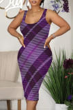 Purple Sexy Plaid Print Contrast U Neck Printed Dresses