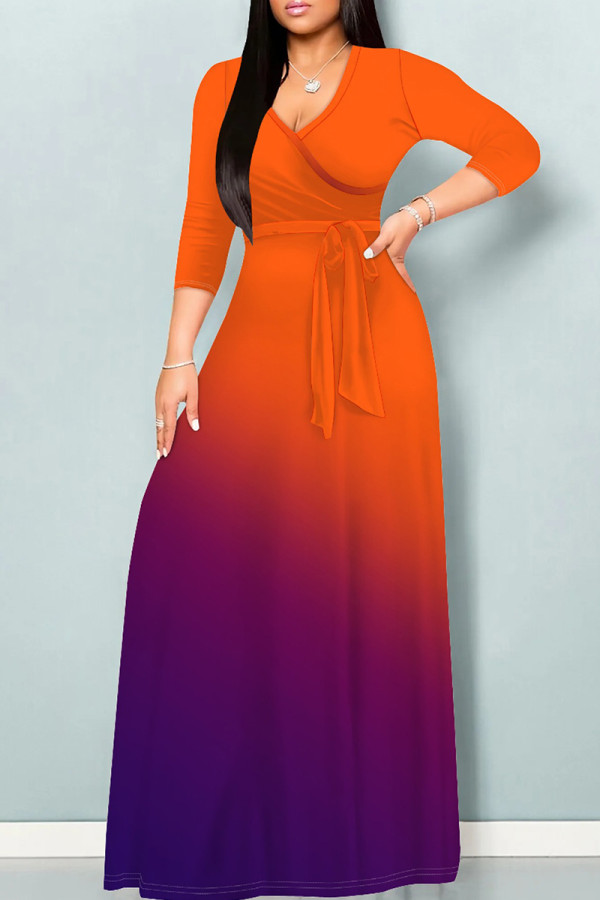 Orange Purple Casual Gradient Print Patchwork Strap Design V Neck Long Dresses