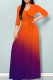 Orange Purple Casual Gradient Print Patchwork Strap Design V Neck Long Dresses