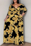 Blue Casual Daily Floral Print Chain print Lace Up V Neck Printed Plus Size Dresses