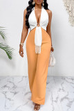 Orange White Celebrities Fringed Trim Hollow Out Patchwork Backless Deep V Neck Loose Jumpsuits