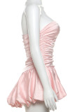 Apricot Street Solid Color Patchwork Backless Ruched Strapless Bud Dresses